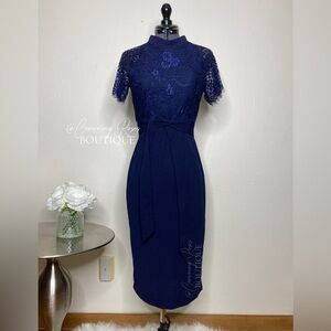 NEW SHEIN Small Navy Blue Lace Top Mock Neck Bodycon Midi Sheath Dress w Belt